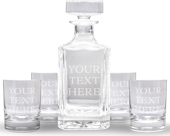 Gifts Inscribed Personalized Whiskey Decanter Set - Engraved Whiskey Decanter Bottle & Set of 4 Custom Drinking Glasses Laser Etched - Customized Whiskey Gift for Wedding, Anniversary, Birthday, Dad