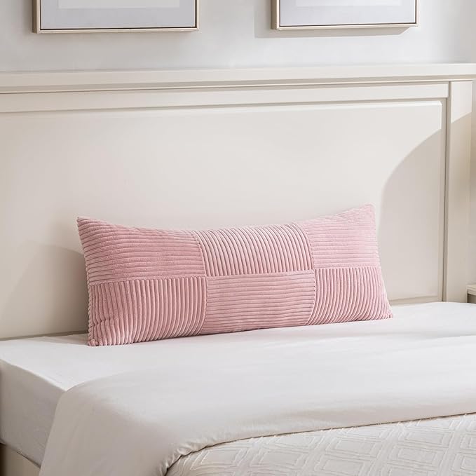 Fancy Homi Set of 2 Blush Pink Boho Long Lumbar Body Decorative Throw Pillow Cover 14x36 Inch for Bed Couch Bedroom Bench, Soft Patchwork Corduroy Textured Pillow Case, Rustic Farmhouse Room Décor