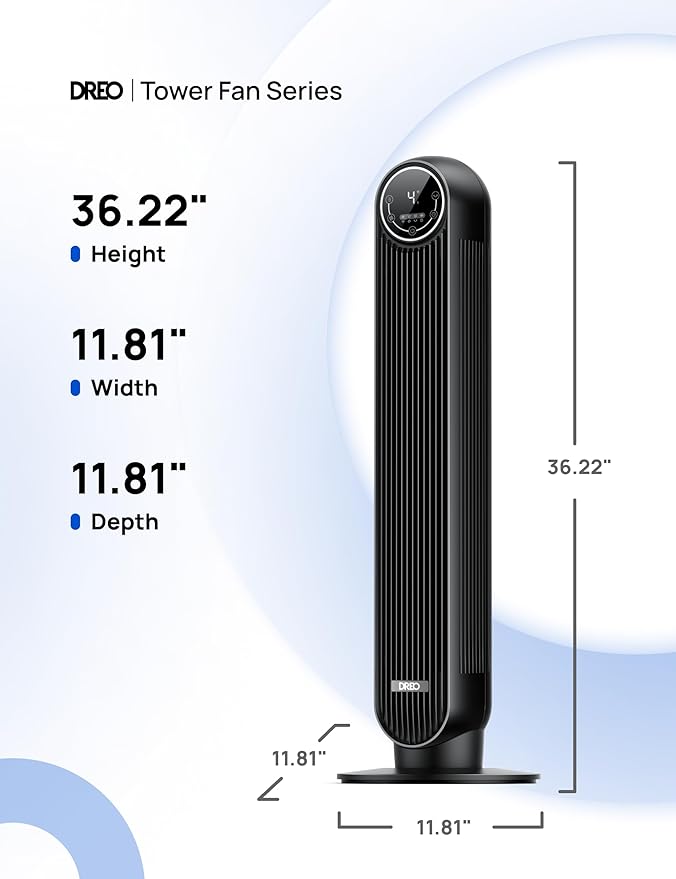 Dreo Tower Fan for Bedroom, 25ft/s Velocity Quiet Floor Fan, 90° Oscillating Fans for Indoors with 4 Speeds, 4 Modes, 8H Timer, Standing Fans, Bladeless Fan, Black, Nomad One (DR-HTF007)