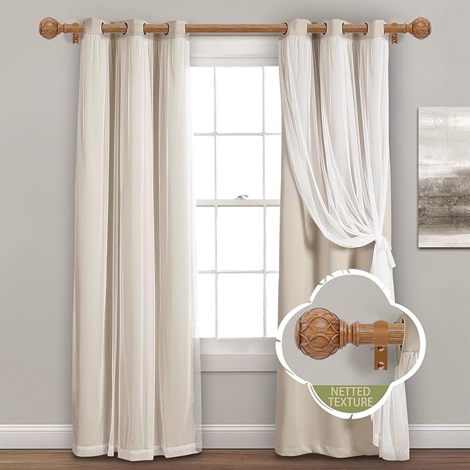 2 Pack Wood Curtain Rods for Windows 66 to 120 Inch,1 Inch Adjustable Curtain Rod Set,Heavy Duty Curtain Rods,Wooden Netted Texture Drapery Rods,Single Window Curtains Rods 66-120",Brown Wood