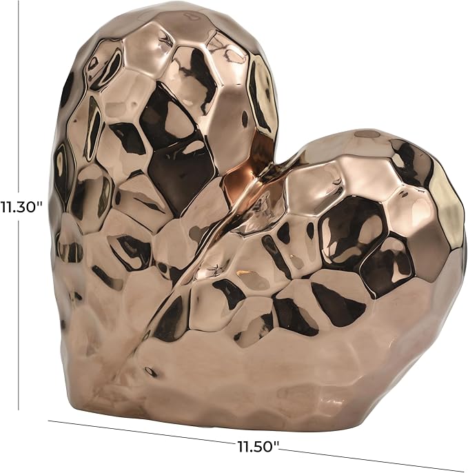 Deco 79 Ceramic Heart Decorative Sculpture Dimensional Angled Origami Inspired Home Decor Statue with Faceted Exterior, Accent Figurine 12" x 6" x 11", Rose Gold