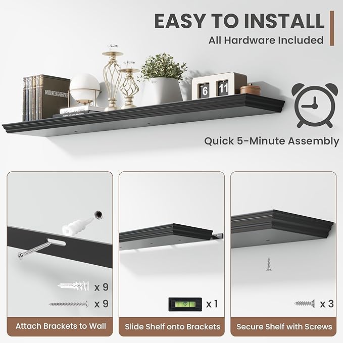 Floating Shelves for Wall, 55 Inch Long Wall Mounted Black Hanging Shelf for Kitchen, Living Room, Office, Bedroom, Bathroom, Retro Vintage Wood Bookshelf for House Decor