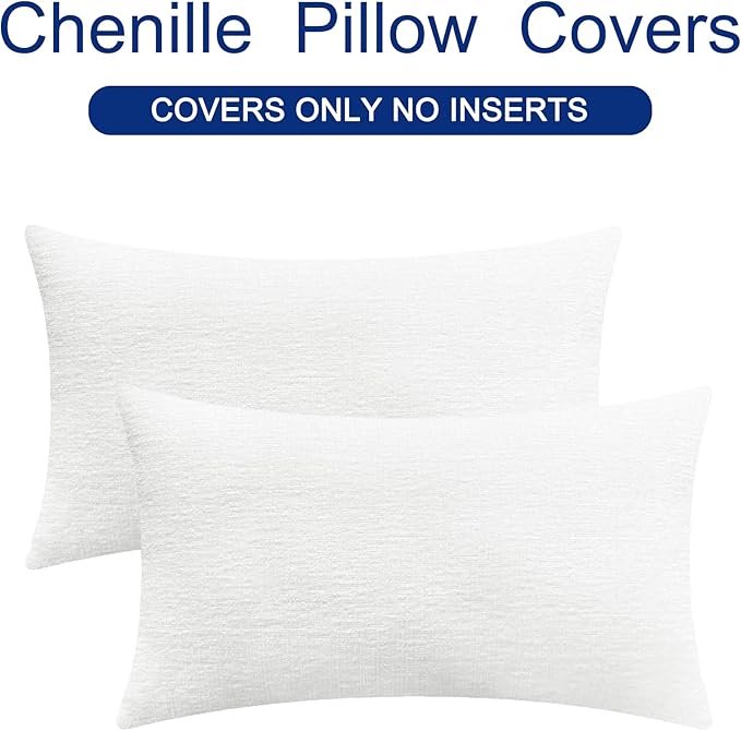 CaliTime Throw Pillow Covers Decorative 16 X 26 Inches Pack of 2 Cozy Chenille Cushion Cases for Couch Sofa Bed Living Room Home True White