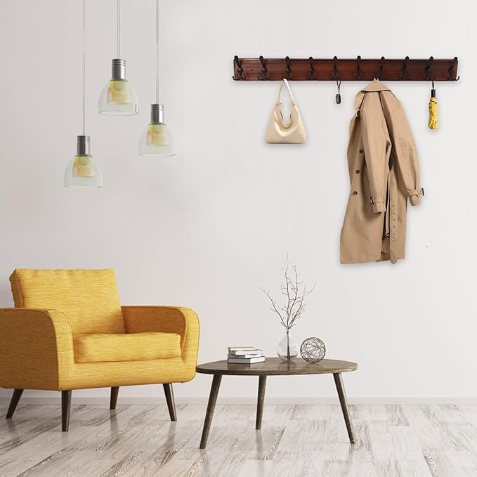 38.6'' Large Coat Rack Wall Mount Coat Hooks Coat Hanger with 10 Metal Black Triple- Hooks Brown Pine Real Wood Plank Hat Rack for Wall Hooks for Hanging Coat Hat Jacket