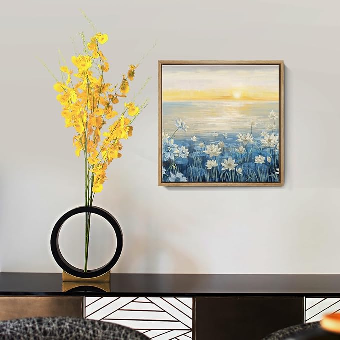 Bathroom Decor Wall Art-Framed Canvas Wall Art Modern Beach Coastal Floral Sunset Boho Ocean Artwork Blue Yellow Lotus Flower Zen Wall Picture for Bedroom Kitchen Office Small