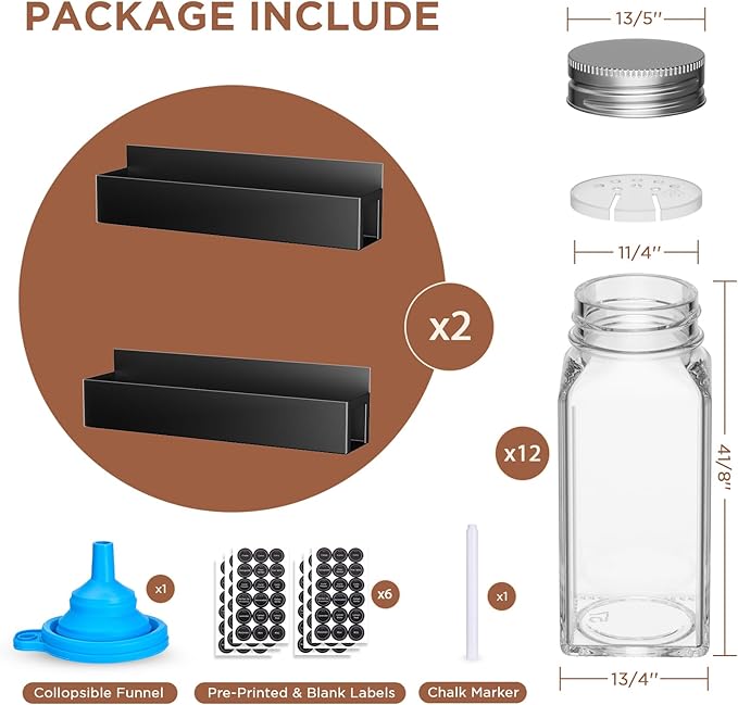2 Pack Magnetic Spice Rack with 12 Spice Jars, Spice Labels, Magnetic Spice Organizer Shelf for Refrigerator, Microwave, Seasoning Organizer for Kitchen, Spice Jars with Label and Organizer Rack