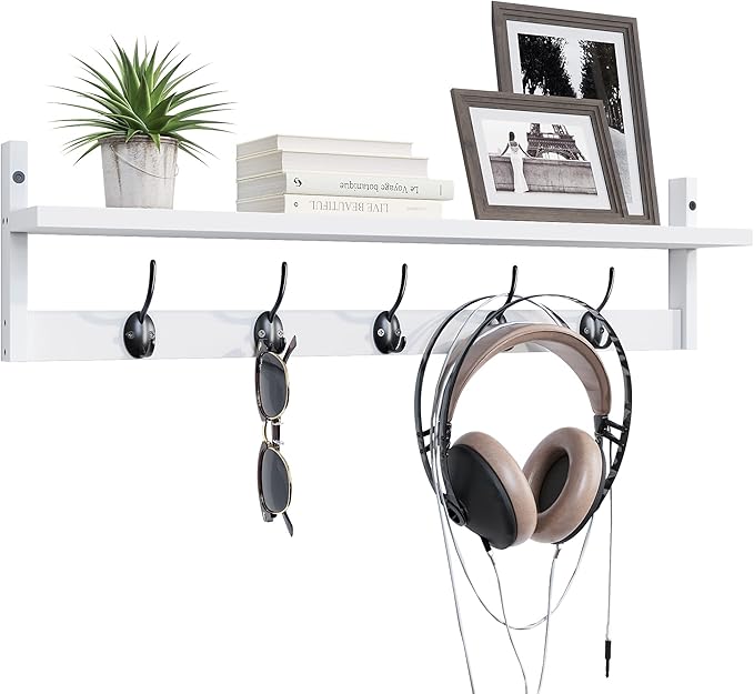 BAMEOS Wall-Mounted Wood Shelf with 5 Dual Hooks for Bathroom, Living Room, Bedroom (White-with Shelf)