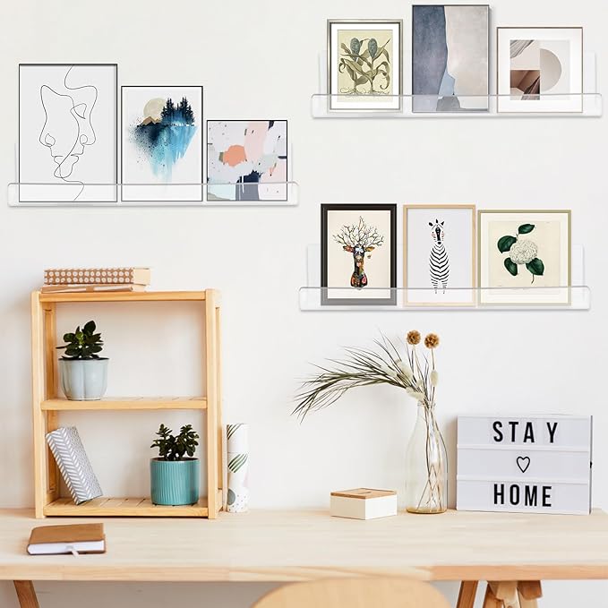 4 Pack Clear Acrylic Floating Shelves for Wall, 15'' Plastic Wall Mounted Display Shelf Kids Bookshelf and Spice Organizer for Bedroom, Living Room, Kitchen, Bathroom, Office