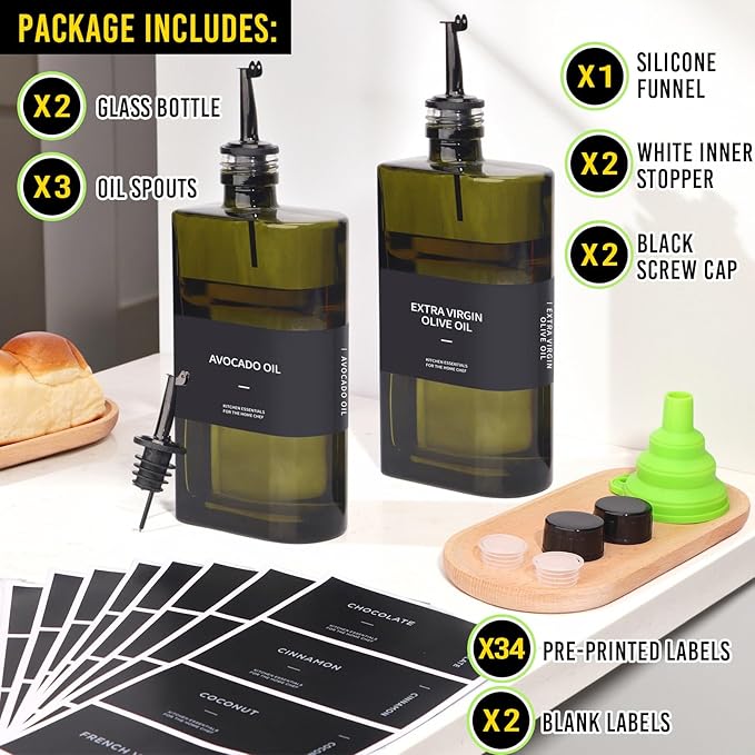 Glass Multi-Purpose Kitchen Dispenser Set | Universal for Olive Oil, Vinegar, Soy Sauce, and Syrup with Stainless Steel Pourers,2-Pack Dark Green,Avoid Sunlight