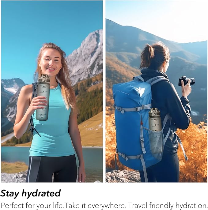 32oz Motivational Water Bottles with Time Marker & Fruit Strainer, Transparent Gradient Color Water Bottle with Times to Drink, Leakproof & BPA Free, Reusable Bottle with Strap (No Straw)