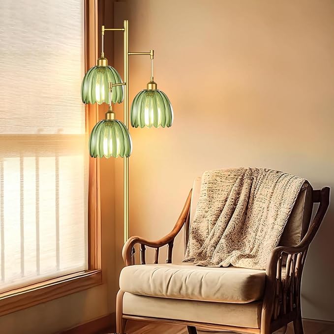 Gold Floor Lamp for Living Room,Bedroom,Mid Century Modern Standing Lamp Brass Tree 3 Light Tall Floor Lamps Vintage Retro Floor Lights Glass Green Flower Lamp Shade Farmhouse Boho Bohemian