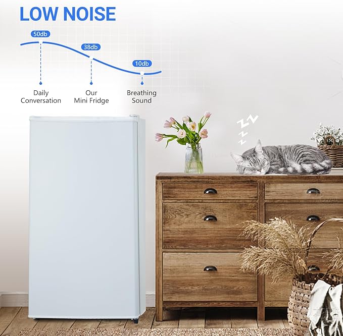 3.2 Cu.Ft Mini Fridge with Freezer, Small Refrigerator with Single Door and Adjustable Thermostat, Shelf, Energy Efficient, Compact Fridge for Bedroom, Office,white