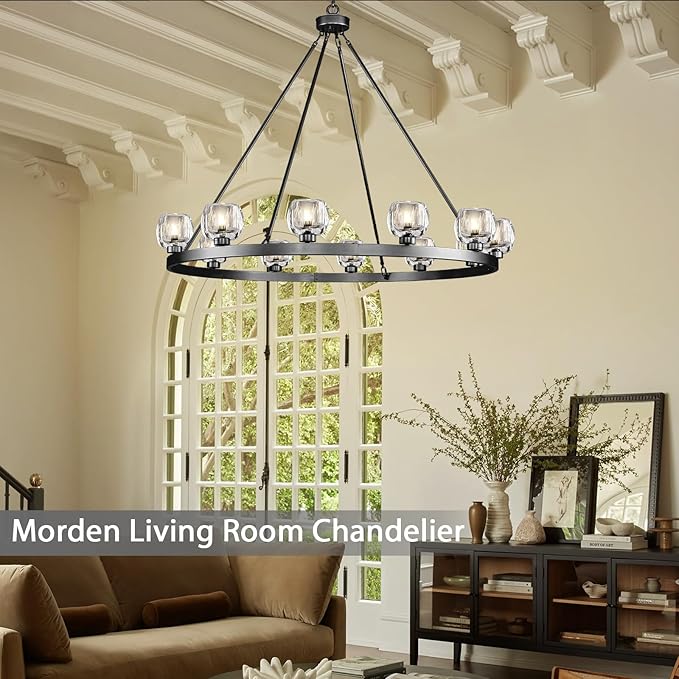 Black Wagon Wheel Chandelier, 59 Inch Black Chandeliers with Unique Glass Shade, 15-Light Crystal Large Wagon Wheel Chandeliers for Dining Room, High Ceiling Round Chandelier for Living Room, Foyer