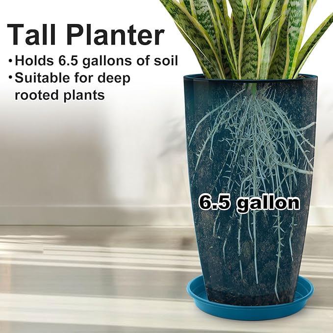 GameXcel Tall Flower Pot Indoor - Outdoor Plant Pot - Turquoise Glossy Planter - Elegant Stone Imitation - 12" Diameter 21" Tall with Drainage Holes and Saucer 2Pack