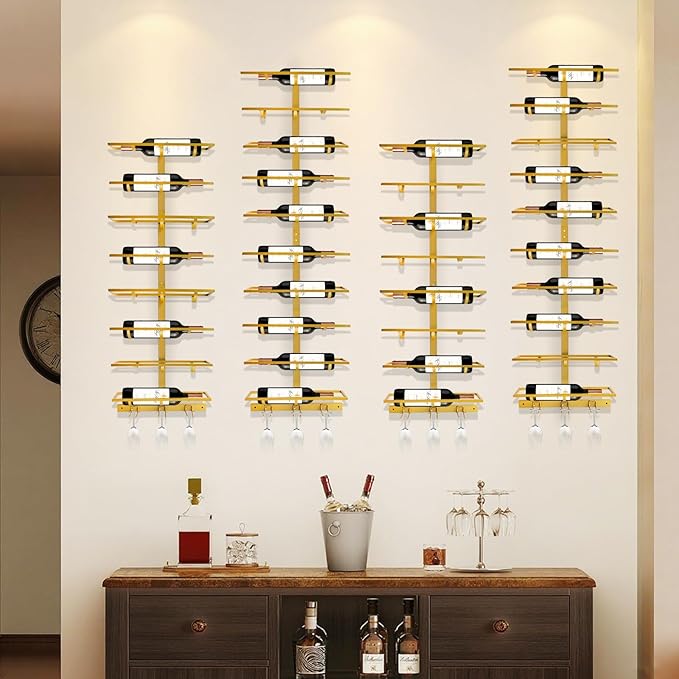 16 Bottle Wall Mount Wine Rack with Wine Glass Holder, Metal Wine Wall Rack, Wall Racks for Wine Bottles Display and Storage, Hanging Bottle Organizer for Living Dining Room Wine Cellar Bar (Gold)