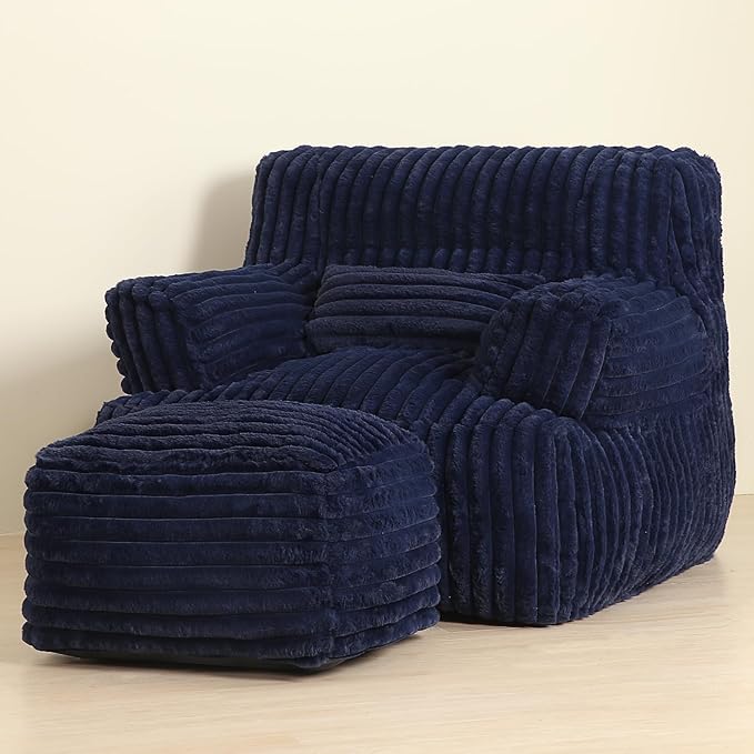 Comfy Gaint Bean Bag Chair with Ottoman, Fluffy Huge Bean Bag Armchair for Adults and Teens, Dark Blue
