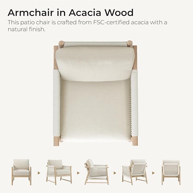 CHITA Boho Patio Rattan Chair Set of 2, Outdoor Wicker Chair with 7.1″ Thickened Cushions Acacia Wood Frame(Cream)