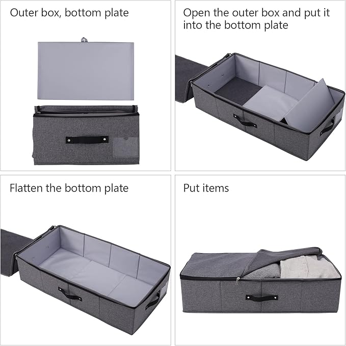 2PCS Foldable Under Bed Storage Box with Plastic Support Liner, Handles, Zipper lid, Blankets Clothes Comforters Storage Bin Organizer for Bedroom and Closet, 29×15×7inch, Black Grey