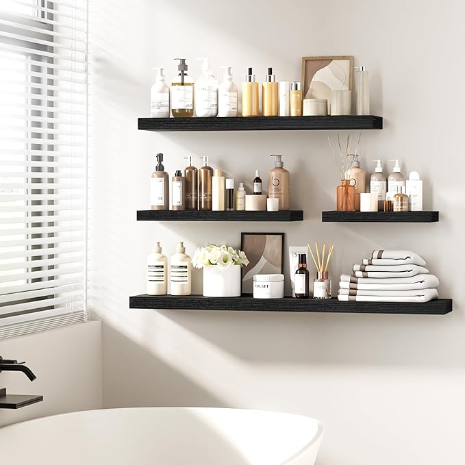 Fun Memories 36 Inch Floating Shelves - Deep Rustic Black Wooden Wall Shelves - Extra Deeper & Thicker Wall Mounted Storage Shelf for Bedroom, Kitchen, Farmhouse - 2 Pack, Rustic Black