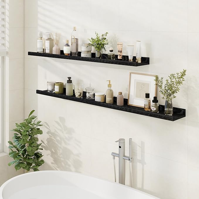 Floating Picture Ledge Shelves 55 Inch Solid Oak Wood Set of 2, Rustic Wall Storage Shelves with Lip, Kids Bookshelf, Photo & Picture Ledge Shelves for Bedroom, Living Room, Kitchen