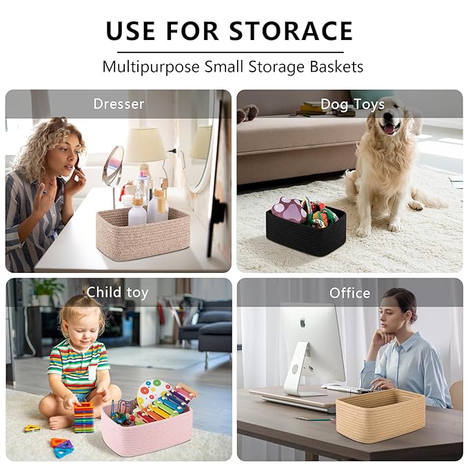 4 Pack Small Storage Shelf Baskets for Organizing, Mini Woven Rope Storage Bins for Towels, Cute Decorative Closet Organizer,Baby Nursery, Gift Empty Baskets -11.81''Lx7.87''Wx4.72''H-Jute