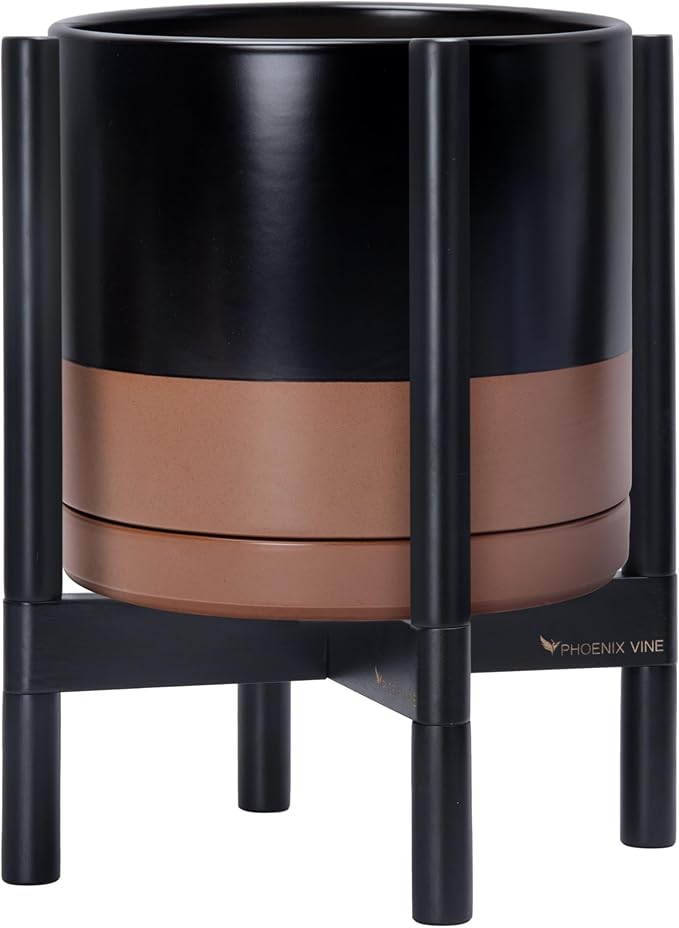 D'vine Dev Ceramic Planter with Ebony Stand - 12 Inch Modern Round Flower Pot with Wood Planter Holder, Black/Speckled Tan, 55-B-H-7