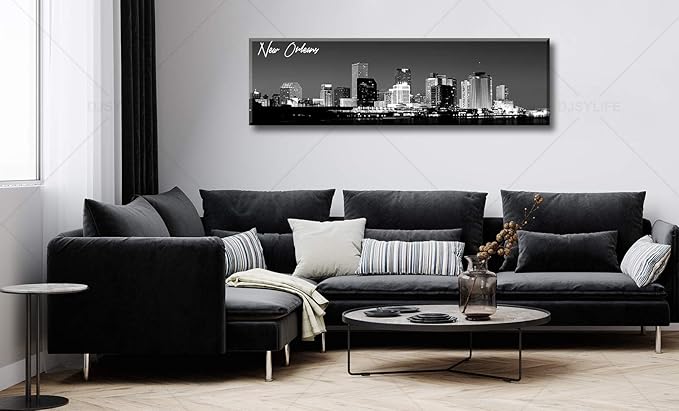 DJSYLIFE New Orlean Canvas Wall Art Decor City Skyline Pictures Poster Artwork Black and White Panorama Cityscape Painting for Bedroom Office Living Room Decoration Ready to Hang 13.8"X47.3"