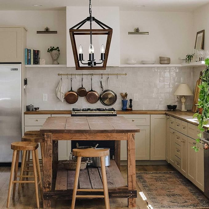 4-Light Lantern Pendant Light,Black Wood Cage Farmhouse Chandelier for Kitchen Island,12'' Rustic Metal Geometric Hanging Lighting Fixture for Kitchen Island Dining Room Bedroom Foyer Entry