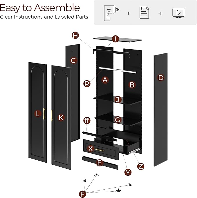 71" Metal Armoire Wardrobe Closet with 2 Doors and Drawer, Tall Wardrobe Cabinet with Hanging Rod and Adjustable Shelves, Black Clothing Storage Cabinets for Bedroom, Home Office