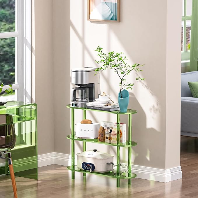 Clear Bookshelf, Acrylic Bookcase with Open Book Shelf Console Table for Entryway Office (3 Tier Green)