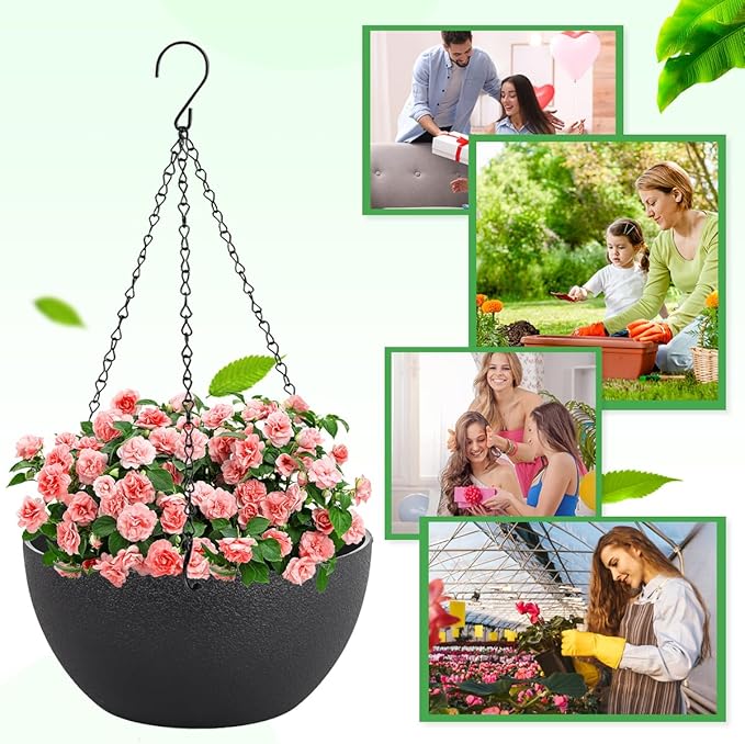 10 inch Hanging Planters for Indoor Plants, 2 Pack Planters for Outdoor Plants with Drainage Holes and Chain, Round Plastic Hanging Baskets, Hanging Flower Pots for Balcony Garden Decor-Black