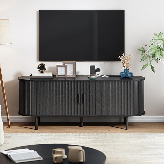 55" TV Stand with Power Outlet, Modern Media Console with Sliding Doors, Entertainment Center for TVs up to 60 Inch, Adjustable Shelves, Black