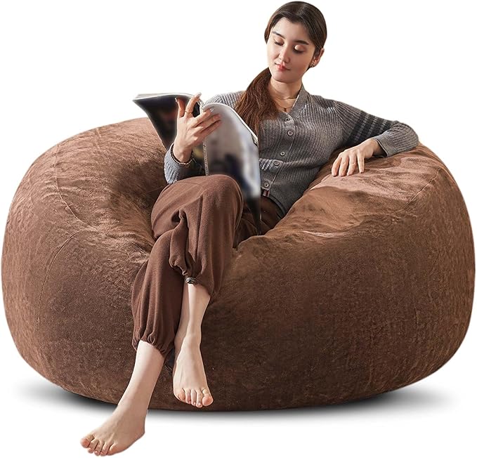 Bean Bag Chair 5Ft, Memory Foam Filled, Large Beanbag Chairs for Adults and Teens, Soft Sofa with Removable Flannel Cover, Round Couch for Living Room Bedroom College Dorm (Coffee, 5FT-60×60"×24")