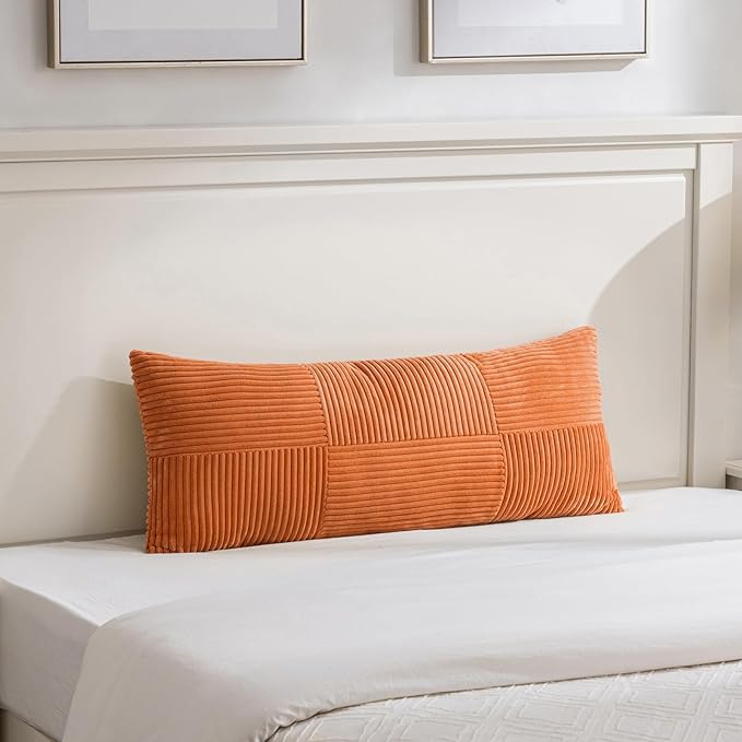 Fancy Homi Set of 2 Orange Boho Long Lumbar Body Decorative Throw Pillow Cover 14x36 Inch for Bed Couch Bedroom Bench, Soft Patchwork Corduroy Textured Pillow Case, Rustic Farmhouse Room Décor