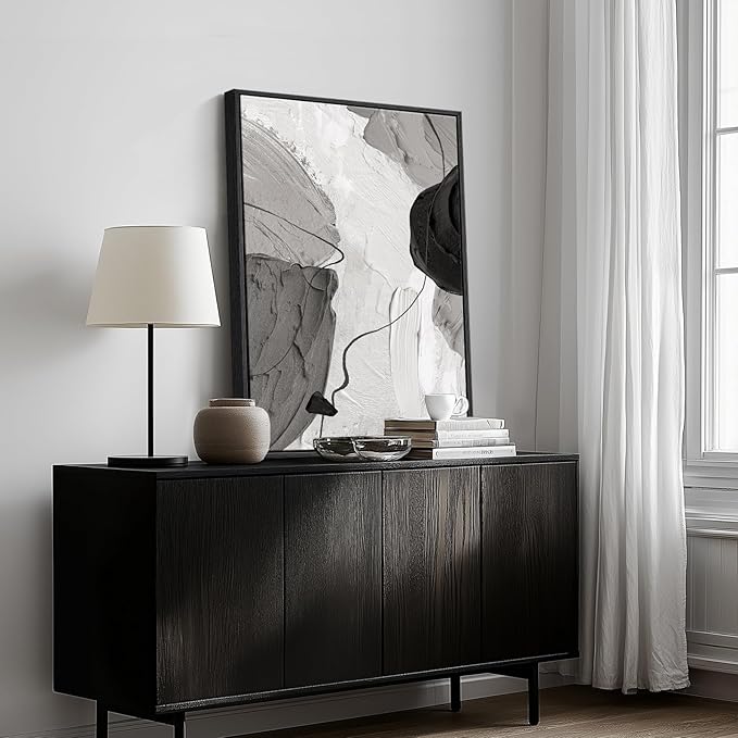 Framed Black and White Abstract Canvas Wall Art, Large Modern Art Prints Paintings Artwork for Walls, Minimalist Gray Pictures for Living Room Bedroom Dining Room Office Bathroom Wall Decor 24x36 In