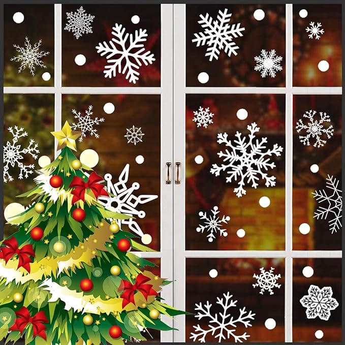 DC-BEAUTIFUL 318 Pcs Christmas Snowflakes Clings Decoration Set, White Christmas Theme Window Stickers, Winter Snow Flakes Clings Party Decal (12 Sheets)