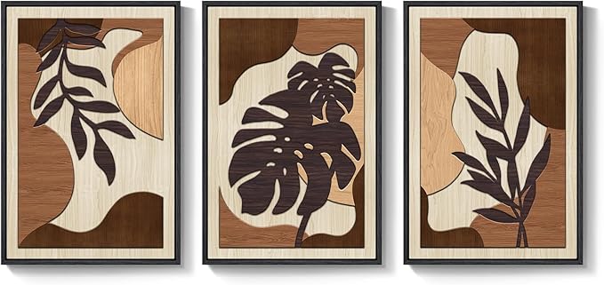 Framed Textured Wood 3D Wall Art for Living Room, Large Boho Tropical Brown Artwork for Walls, 3 Piece Farmhouse Botanical Leaf Wood 3D Textured Wall Art Decor for Office Bedroom Hallway, 24x36 Inch