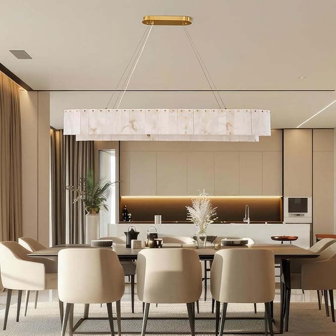 Alabaster Rectangular Chandelier, L54in Modern Dining Room Chandelier Over Table, Adjustable Chandeliers Light Fixture for Living Room, Kitchen Island