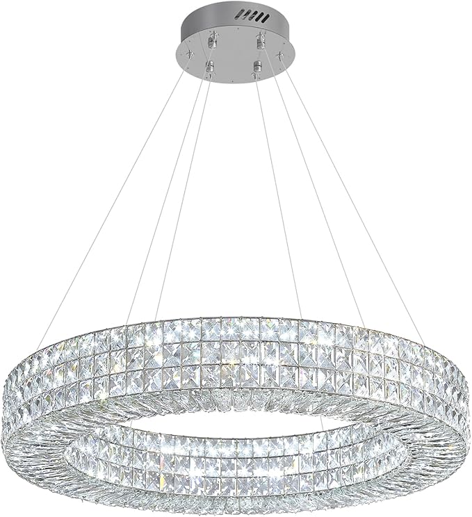 Dia 24" Modern Crystal Chandelier Silver Ring Chandelier Adjustable Height Luxury Crystal Pendant Ceiling Light Fixture for Dining Living Room Bedroom