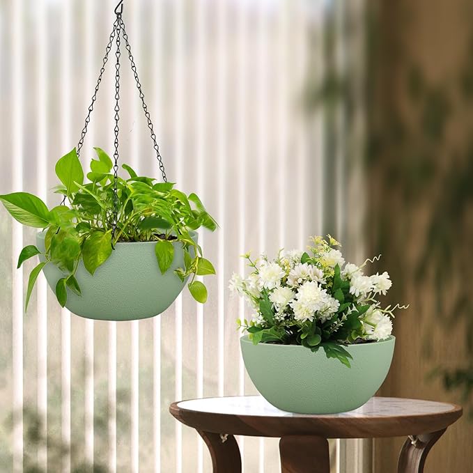 12 inch Large Hanging Planters Plant Pots for Indoor Outdoor Plants, 2 Pack Hanging Flower Pots with Drainage Holes and Chain for Garden Porch, Plastic Hanging Baskets for House Plants, Green