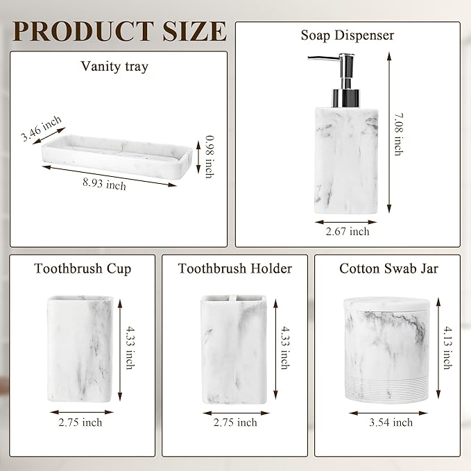 Bathroom Accessories Set, 6 Piece Bathroom Set with Toothbrush Holders, Soap Dispenser, Vanity Tray, Tumbler, Cotton Swab Jars, Bathroom Organizer,Bathroom Sink Sets, Artificial Marble White