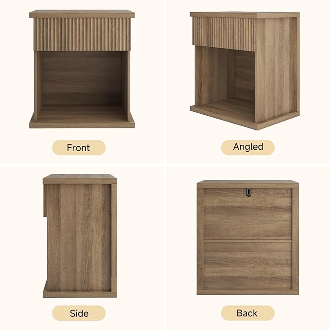 Fluted Nightstand Set of 2, 22.8" Wide Nightstands with Drawer Storage Large Wood BedsideTable Night Stands for Bedroom, Natural Oak