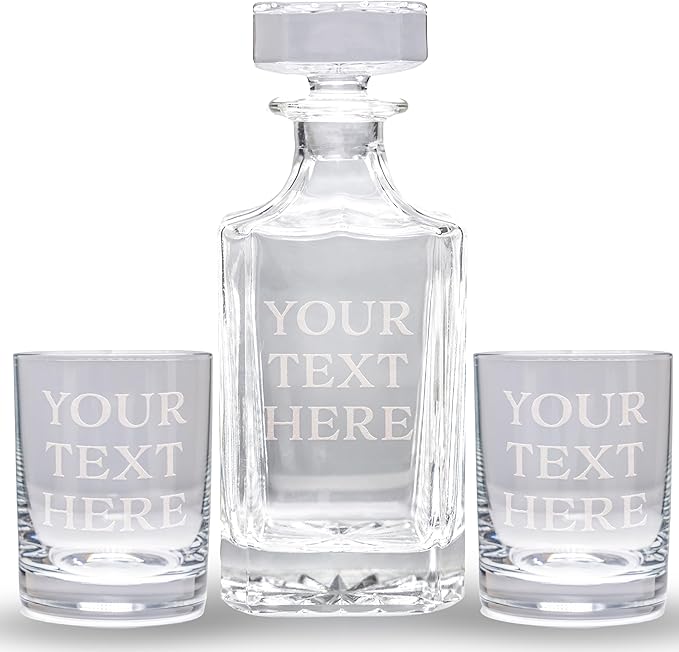 Gifts Inscribed Custom Text Whiskey Decanter & Glasses Set of 2 – Engraved Glass Cups Drinking Glasses Set of 2 – Personalized Whiskey Glasses Drinking Set – Customized Whisky Glassware Gift for Him