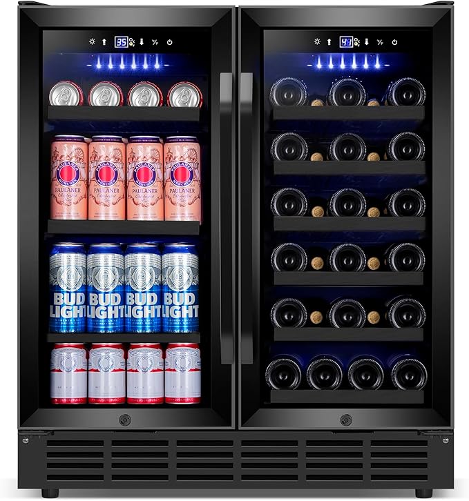 30 Inch Wine and Beverage Refrigerator, Upgrade Dual Zone Wine Cooler, 30'' Wine beverage Fridge Built in or Freestanding Under Counter Large Capacity Glass Door Advanced Cooling System,Black