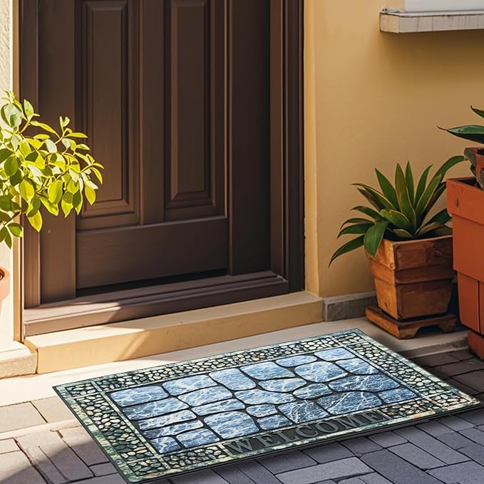 Door Mat Welcome Mat, Heavy Duty Door Mat 17.7 x 29.5 Inch Front Door Mat Rug Doormat for Outdoor Entrance Home Non-Slip Rubber Rug for Front Door, Outside, Entryway, Patio (Blue Welcome)