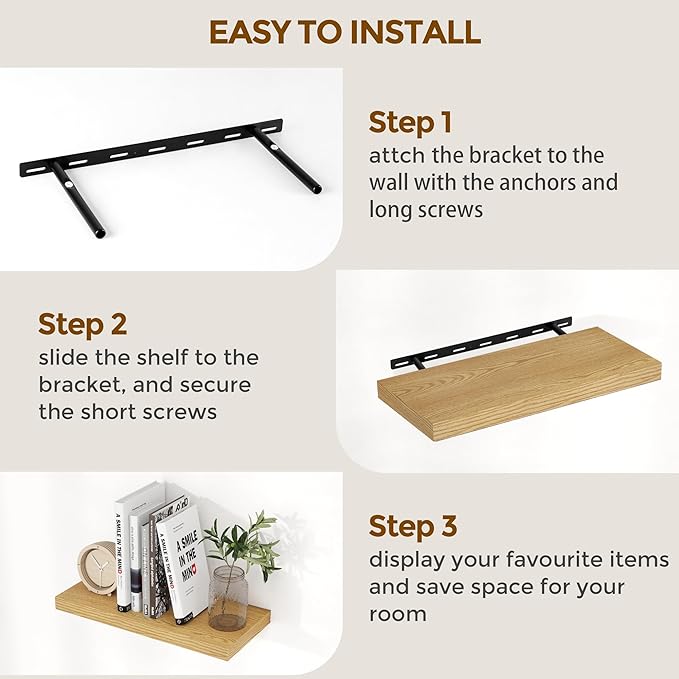 48 Inch Floating Shelves Set of 2, Rustic 48 x 9 Floating Shelf for Wall, 9 Inch Deep Bookshef Invisible Bracket, Wall-Mounted Deep Shelving for Bedroom, Kicten, Living Room, Oak Color