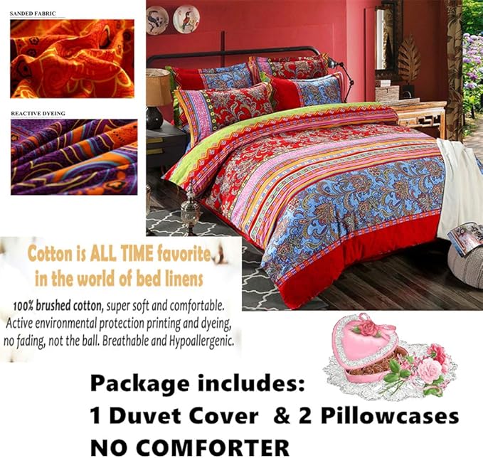 ABREEZE 3Pcs Bohemia Retro Bedding Ethnic Vintage Floral Duvet Cover Boho Bedding 100% Brushed Cotton Bedding Sets Damask Paisley Coloful Mandala Down Comforter Cover,King