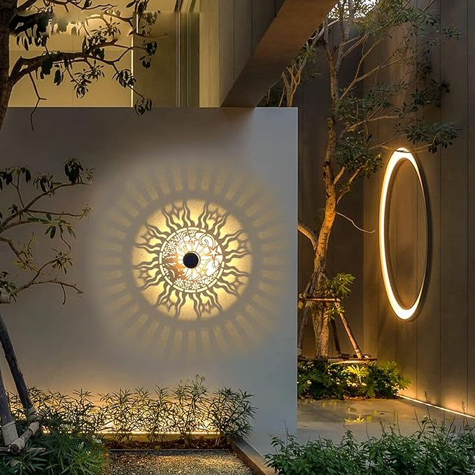 4 Pack Solar Fence Lights Metal Solar Powered Outdoor Wall Deck Lights Sun Moon Theme Waterproof Fence Light for Garden Post Patio Backyard Yard Decor (Face, 4 Pack)