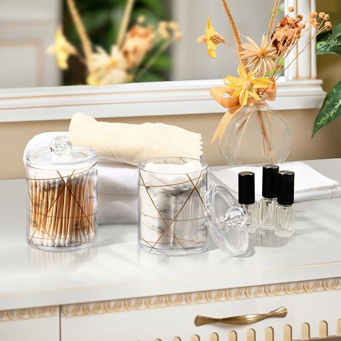 2 Pack Qtip Holder Dispenser White Marble Gold Line Bathroom Storage Canister Lid Acrylic Plastic Apothecary Jar Set Vanity Makeup Organizer for Cotton Swabs/Pads/Floss