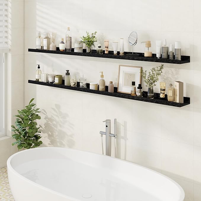 Floating Picture Ledge Shelves 72 Inch Solid Oak Wood Set of 2, Rustic Wall Storage Shelves with Lip, Kids Bookshelf, Photo & Picture Ledge Shelves for Bedroom, Living Room, Kitchen